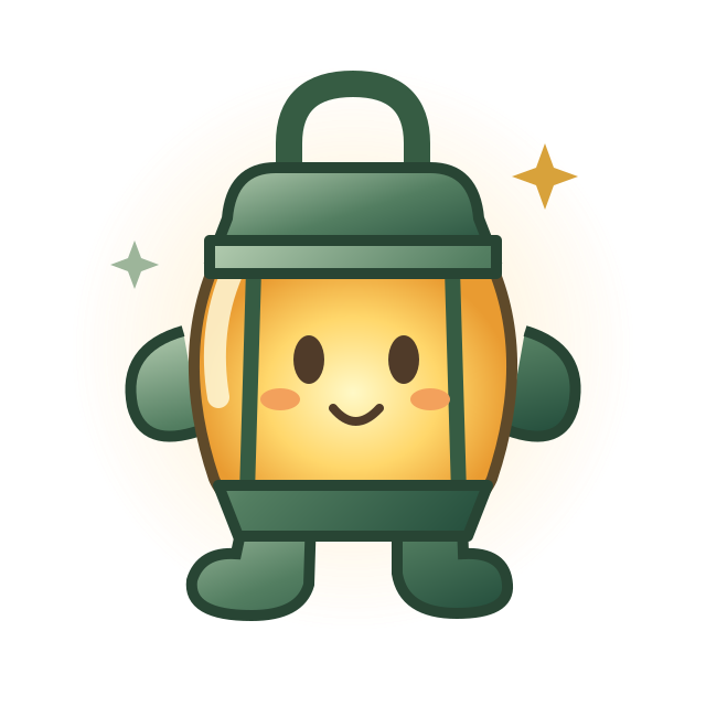 Illustrated amber lantern creature with glowing glass and little feet